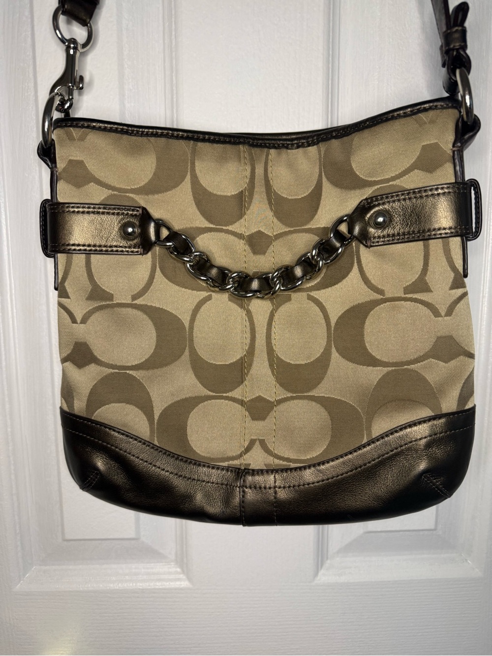 Coach Khaki Canvas Shoulder Bag with Platinum Trim and Chain Accent